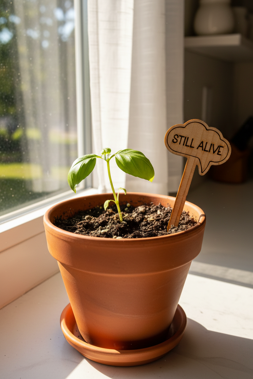 Potted plant with a 'STILL ALIVE' sign on a windowsill