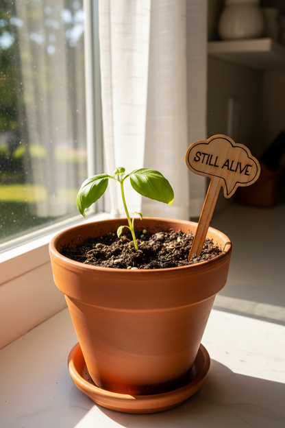 Potted plant with a 'STILL ALIVE' sign on a windowsill