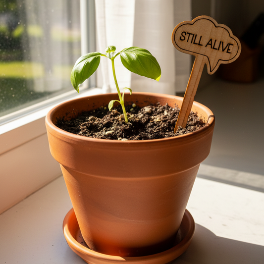 Small potted plant with a 'STILL ALIVE' sign on a windowsill