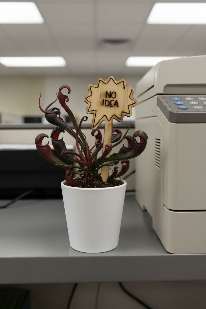 Potted plant with a wooden sign labeled 'NO IDEA' on an office desk.