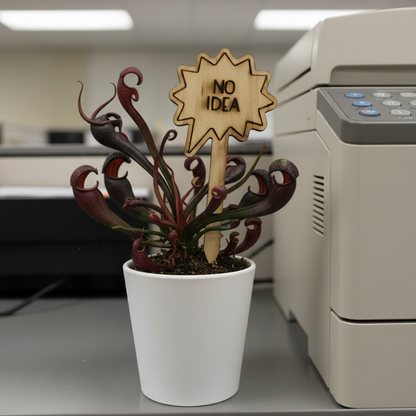 Potted plant with a 'No Idea' sign in front of a printer