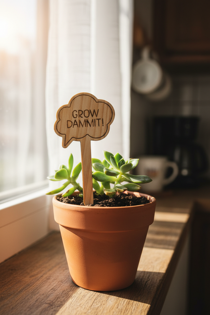 Potted plant with a wooden sign that says 'Grow Dammit!' on a wooden surface.