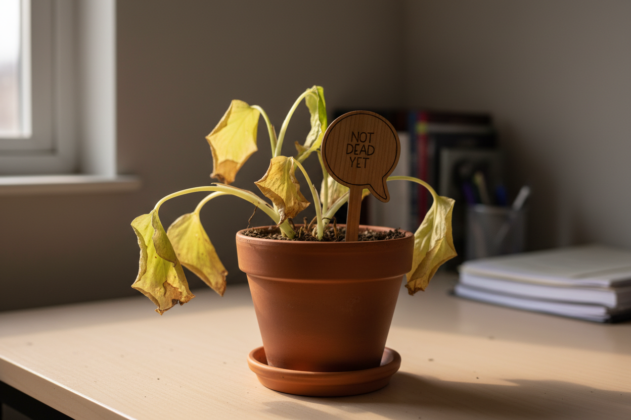 Potted plant with wilted leaves and a sign saying 'Not Dead Yet' on a desk.