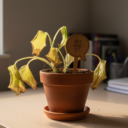 Potted plant with wilted leaves and a wooden stake labeled 'Not Dead Yet' on a desk.