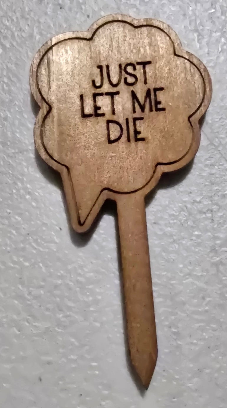 Wooden sign shaped like a cloud with 'JUST LET ME DIE' text on a white background