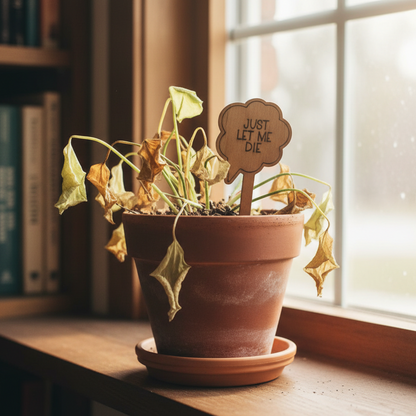 Dying potted plant with a sign saying 'Just let me die' on a windowsill.