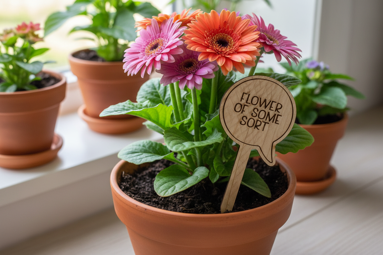 Potted plant with colorful flowers and a humorous sign indoors