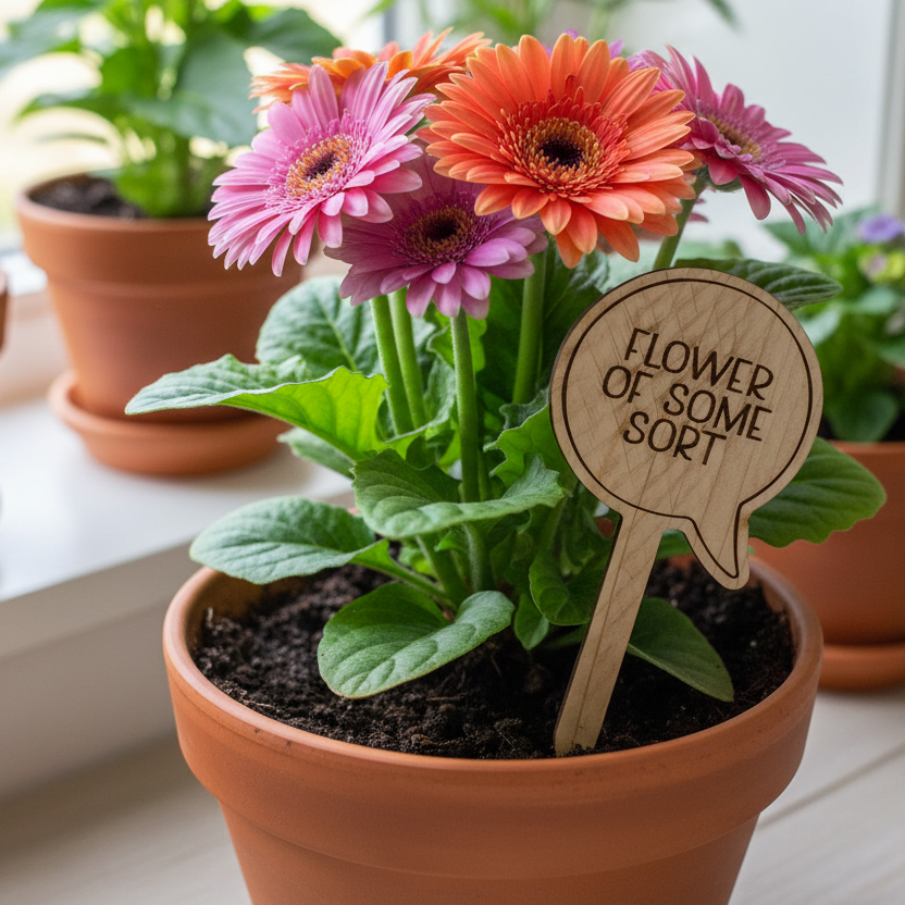Potted plant with colorful flowers and a wooden sign reading 'Flower of Some Sort' on a windowsill.
