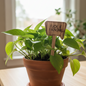 Wooden plant stake sign reading "Fuck If I Know" in healthy pathos terracotta pot