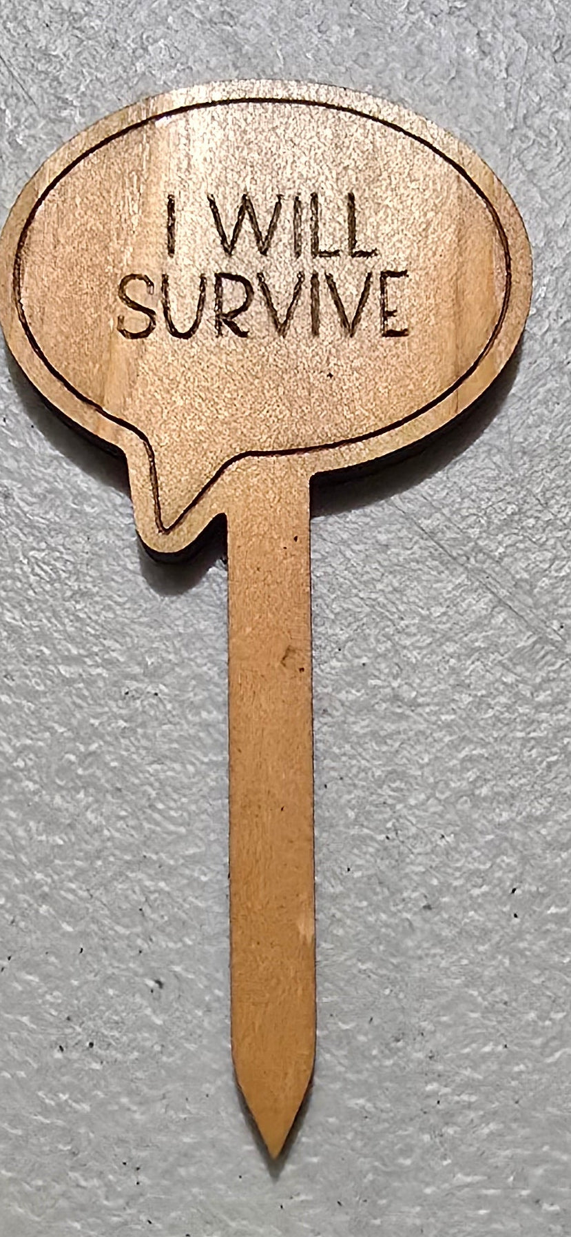 Wooden pick with 'I will survive' text on a gray surface