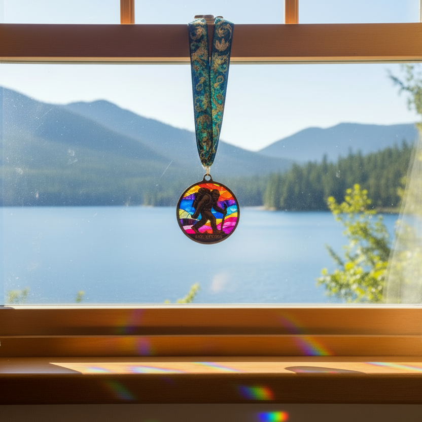 Bigfoot Sasquatch stained glass style suncatcher hanging in window with mountain lake view, colorful holographic medallion