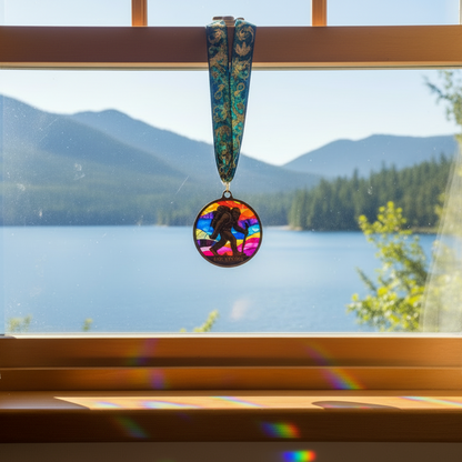 Bigfoot Sasquatch stained glass style suncatcher hanging in window with mountain lake view, colorful holographic medallion