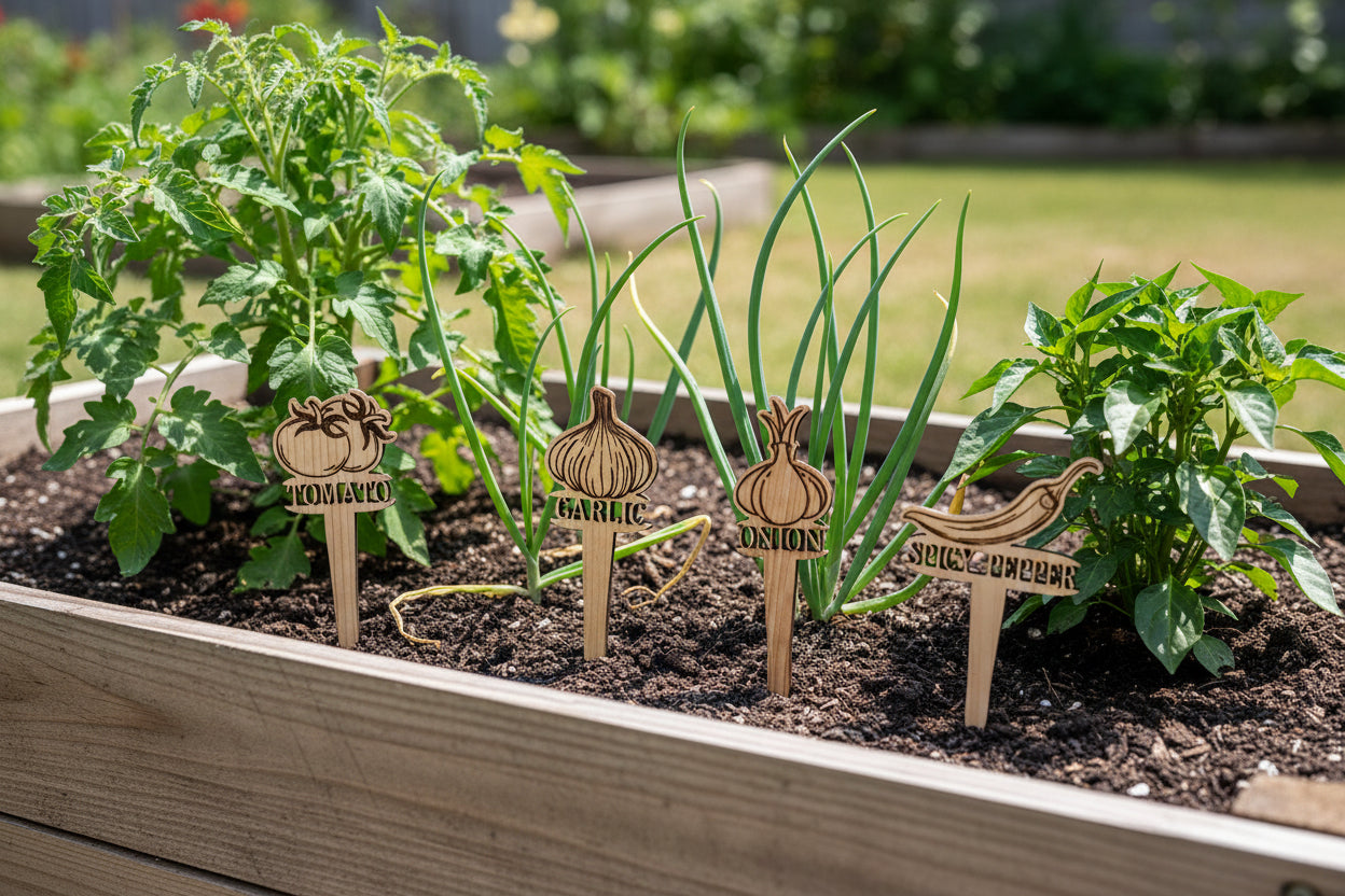 Wooden garden markers labeled 'Tomato', 'Garlic', 'Onion', and 'Squash' on a light background