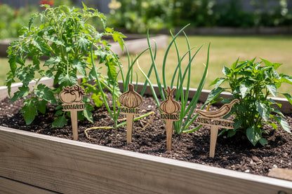 Wooden garden markers labeled 'Tomato', 'Garlic', 'Onion', and 'Squash' on a light background