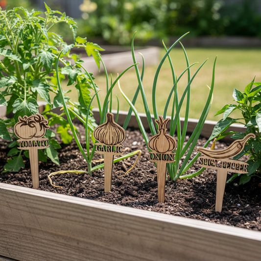 Wooden garden markers for tomatoes, garlic, onions, and sunflowers in a raised garden bed.