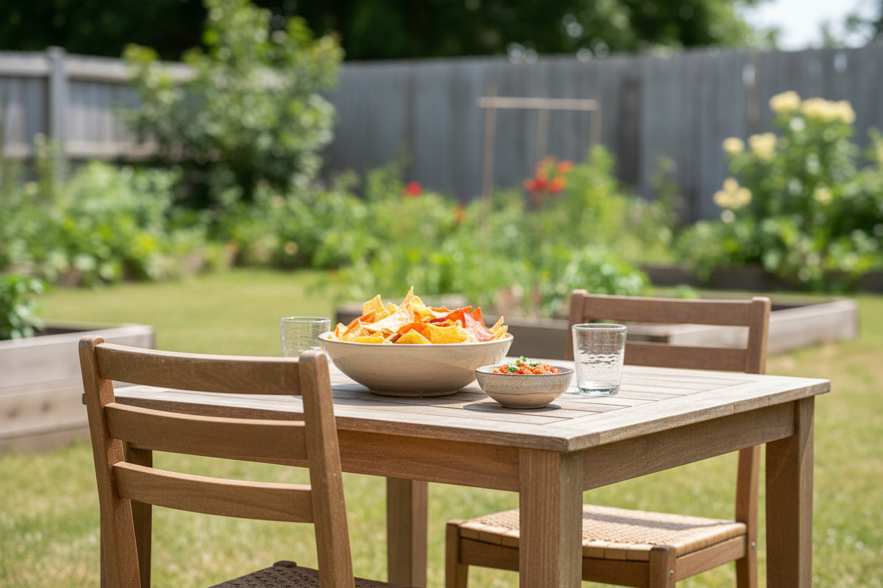 Wooden outdoor table with chairs and a bowl of snacks in a garden setting
