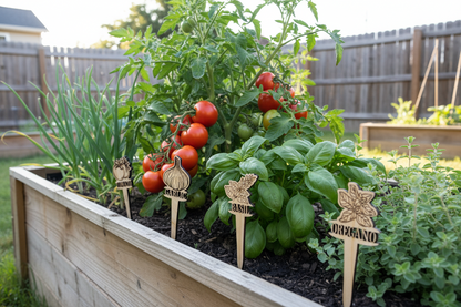 Vegetable garden with tomatoes, basil, and other plants in a wooden planter.