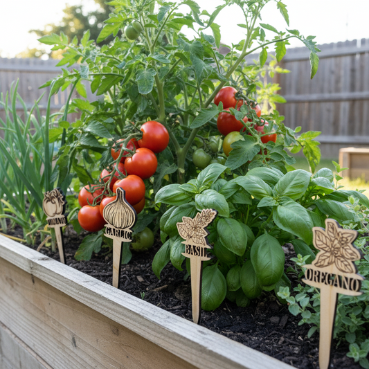 Garden with tomatoes and herbs, including basil and oregano, with wooden plant markers.