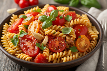 Pasta dish with cherry tomatoes and basil in a bowl on a wooden table.