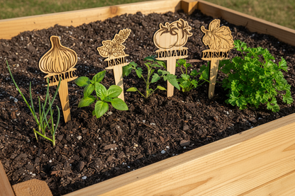 Wooden garden markers with plant names in a raised garden bed.