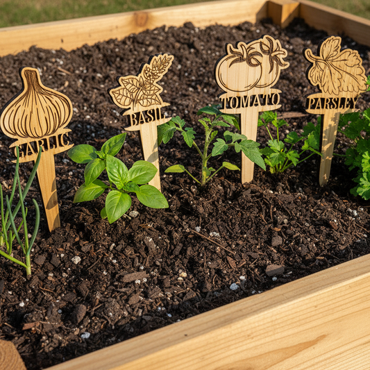 Wooden garden markers with plant names in a raised garden bed.