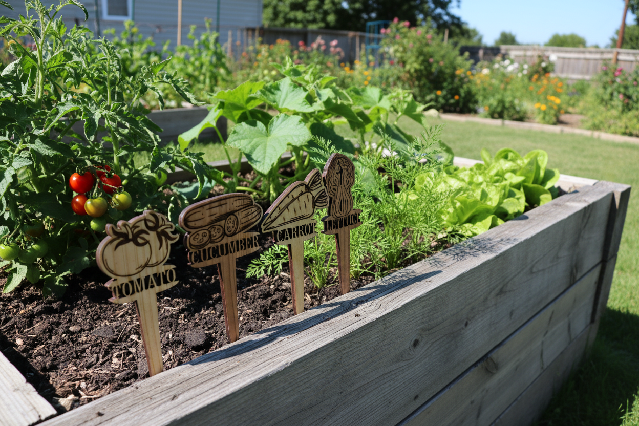 Wooden garden markers in a raised garden bed with plants and vegetables.