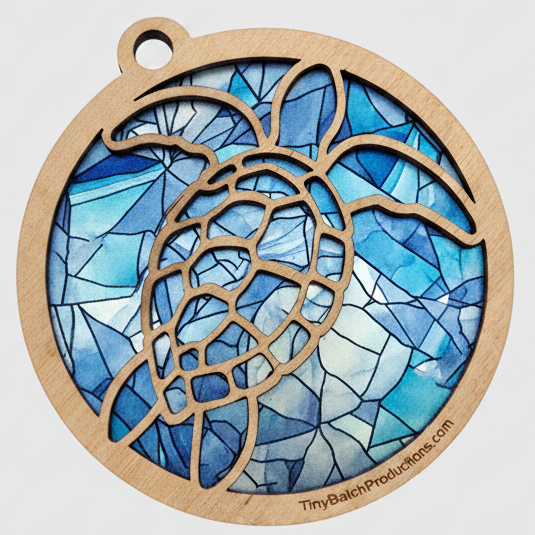 Decorative pendant with blue stained glass design on a white background