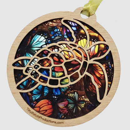 Decorative ornament with colorful butterfly design on a white background