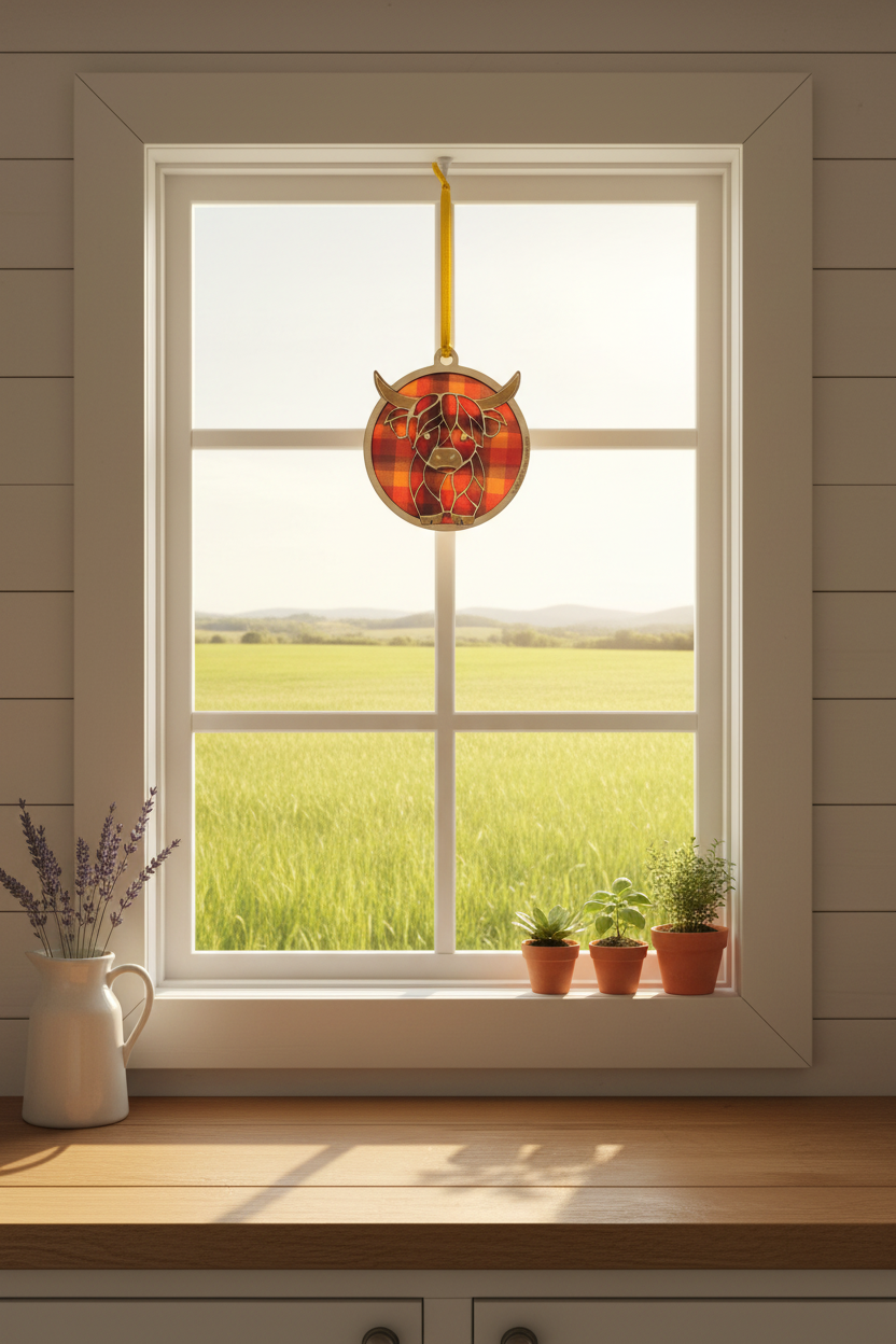 A round red and orange plaid hanging ornament with small horn-like details and a yellow loop, suspended in front of a white-framed window overlooking a green field. The scene is set in a sunlit room with a wooden countertop, small potted plants, and a vase with dried stems.