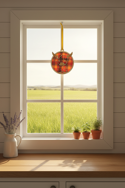 A round red and orange plaid hanging ornament with small horn-like details and a yellow loop, suspended in front of a white-framed window overlooking a green field. The scene is set in a sunlit room with a wooden countertop, small potted plants, and a vase with dried stems.