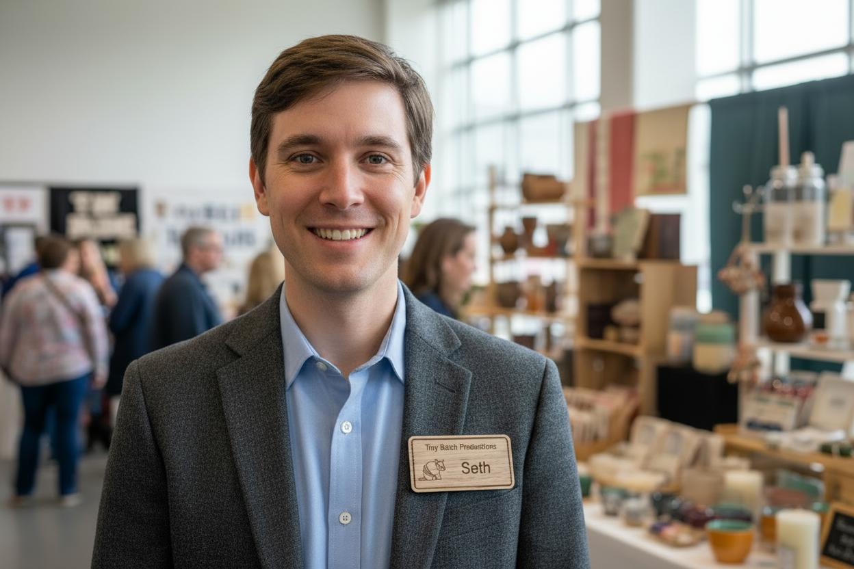 Wooden tag with 'Tiny Batch Productions' and 'Seth' engraved, featuring a small animal illustration.