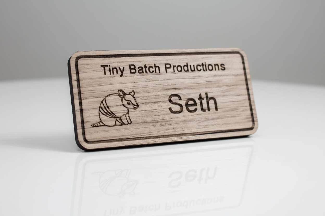 Wooden nameplate with 'Tiny Batch Productions' and 'Seth' engraved on a white surface.
