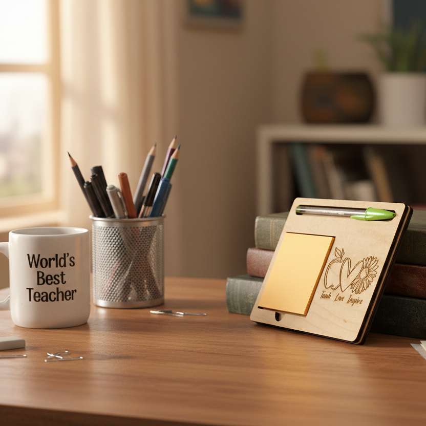 Wooden tray with a notepad, pen, and motivational quote on a gray surface